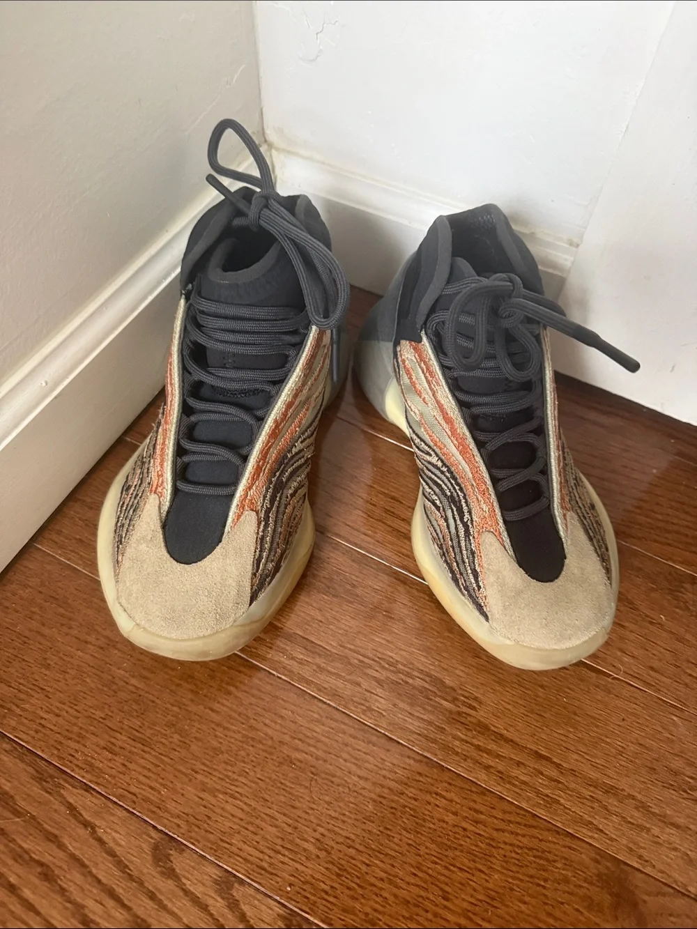 Yeezy QNTM Chunky Wave-Pattern Sneakers in Beige, Black & Orange